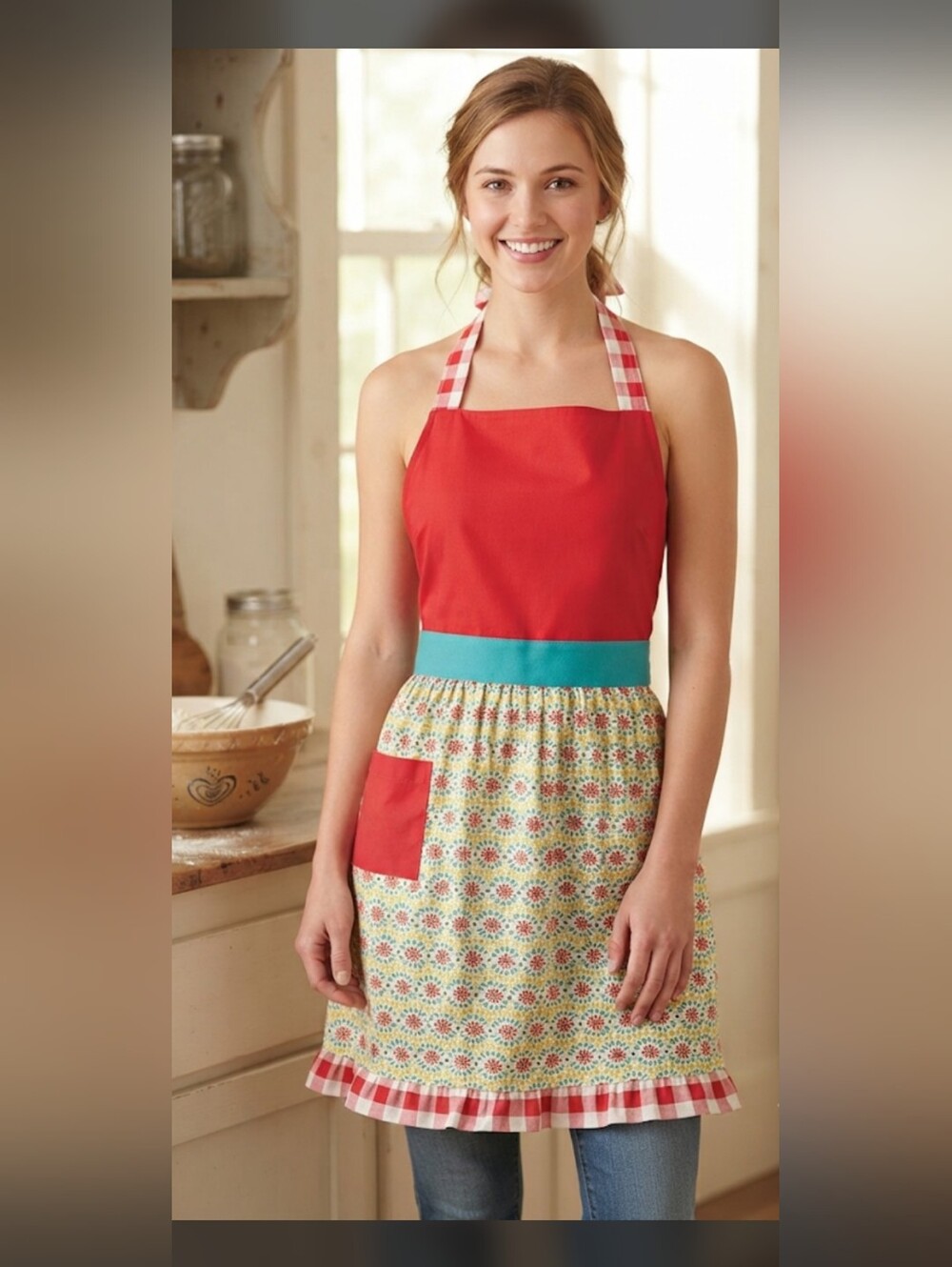 Red Halter Apron with Floral Skirt and Teal Waistband